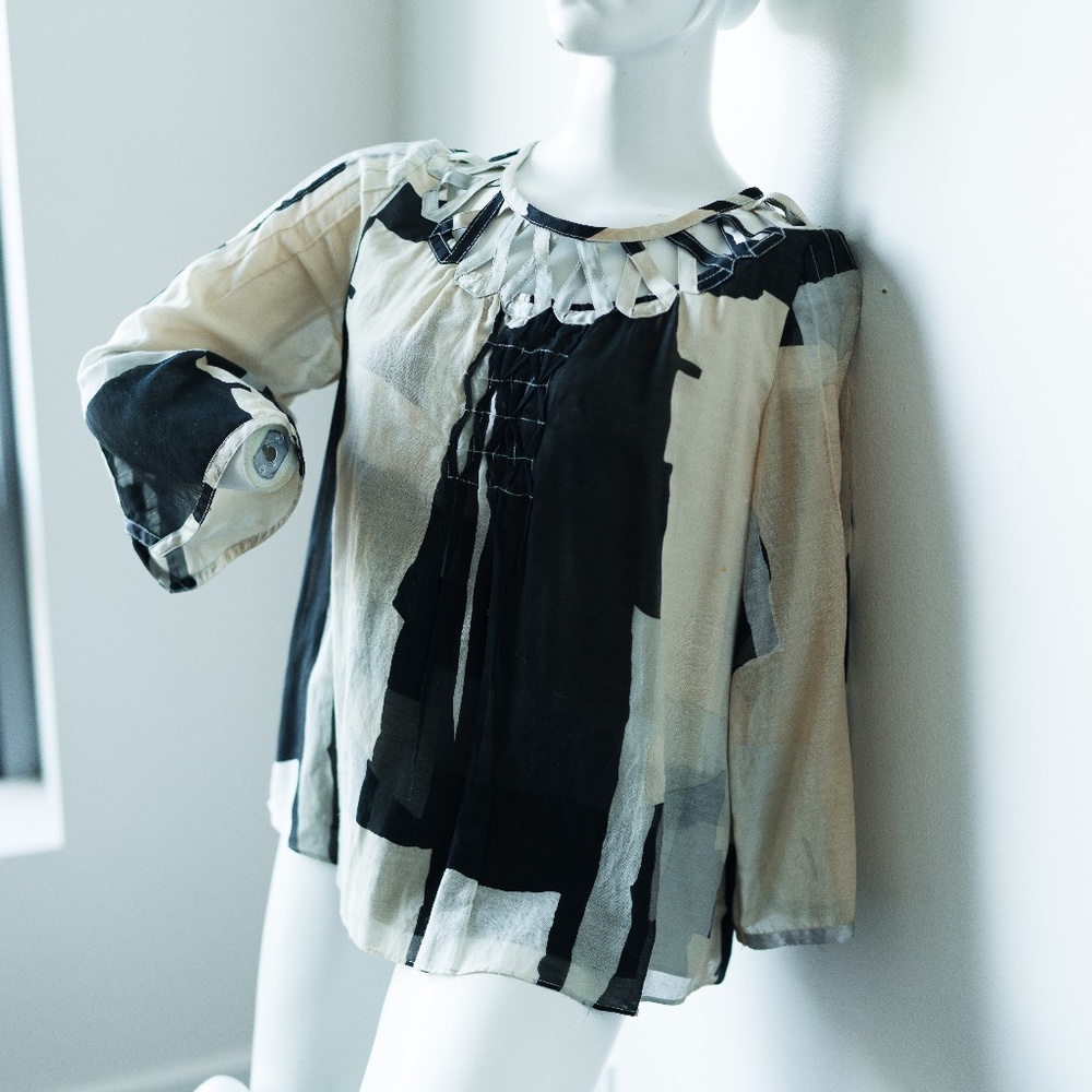 TWINKLE BY WENLAN 2010 DREAMY-BOHEMIAN Blouse, Black, Cream, Size 4